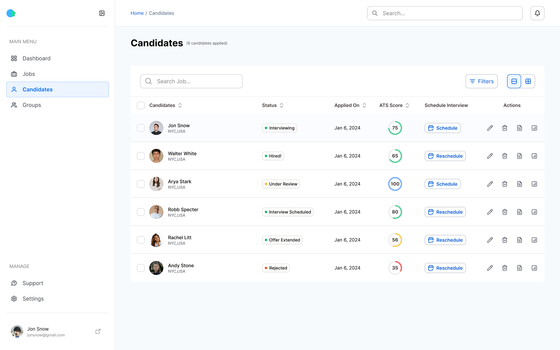 Jobs Table Expanded View